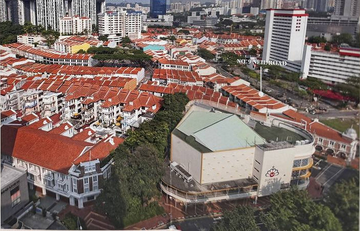 Aerial view of the Tanjong Pagar Conservation Area in 2011, with No. 9 Neil Road marked