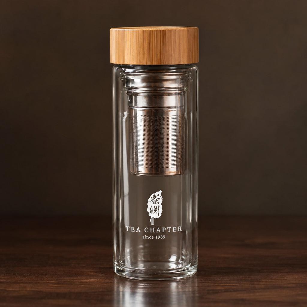 Double Wall Glass Infuser Bottle in warm window light - Tea Chapter Singapore