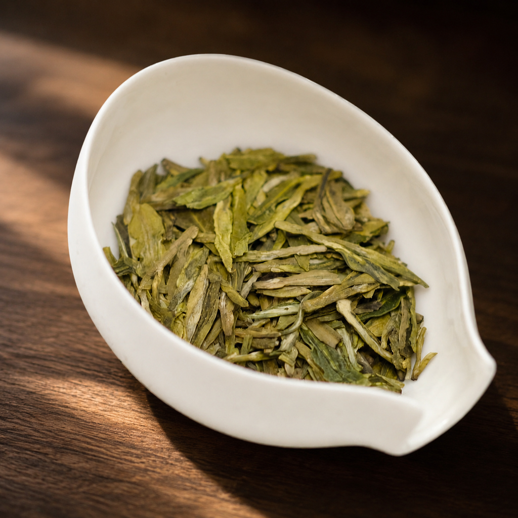Dragon Well in warm window light - Tea Chapter Singapore